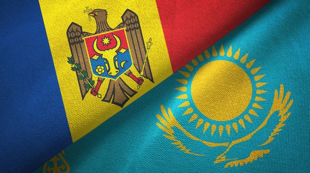 Moldova and Kazakhstan two flags textile cloth, fabric texture - Photo, Image