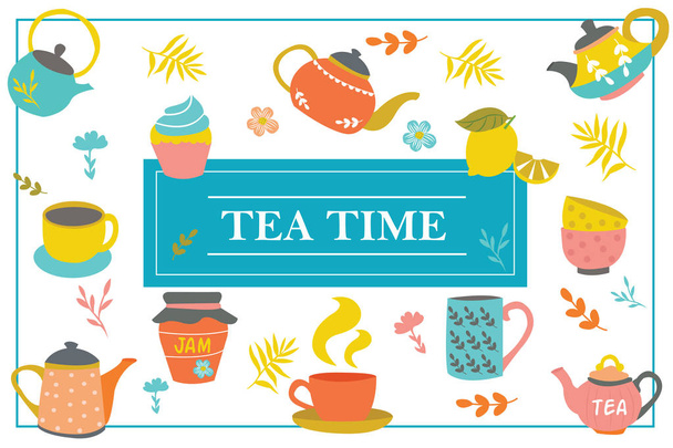 Hand Drawn Tea Time Colorful Template - Вектор,изображение