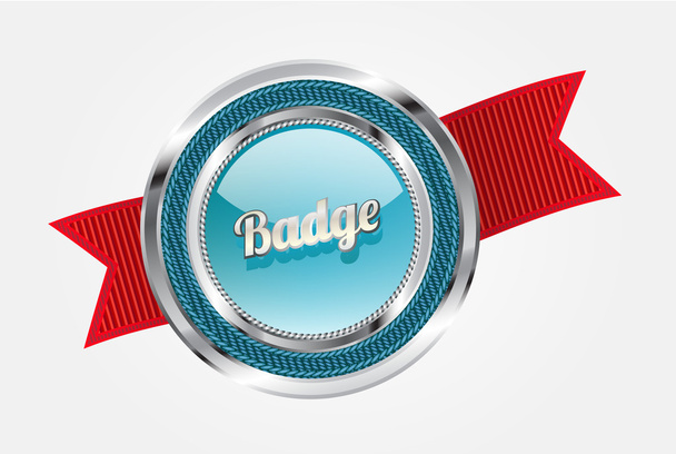Turquoise blue vector fabric badge with red ribbon and metallic decoration - Vector, Image