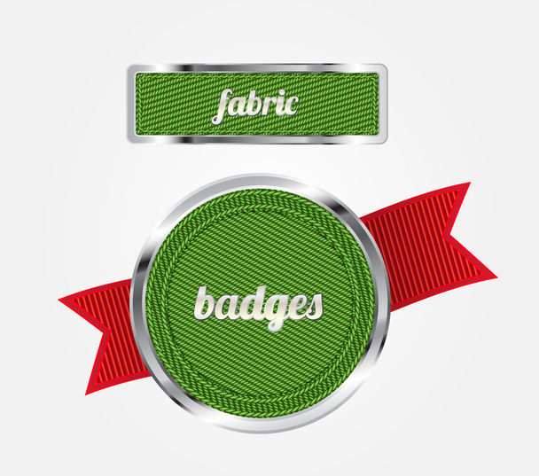 Green vector fabric badges with red ribbon and metallic decorations - Vektori, kuva