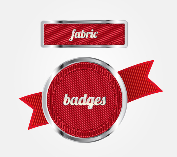 Red vector fabric badges with red ribbon and metallic decorations - Vector, imagen