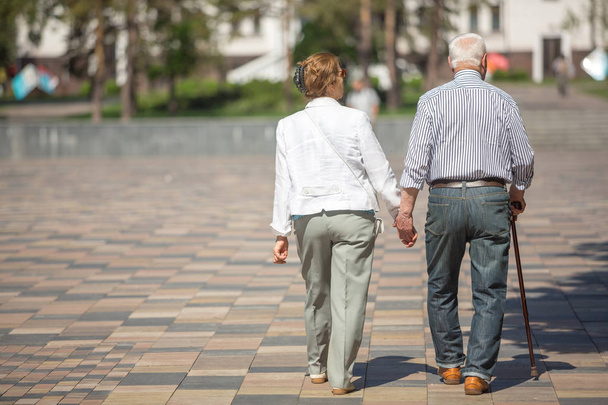 Senior adults walking in a park holding hands - Foto, afbeelding