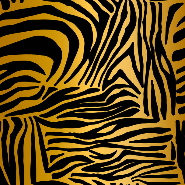 Zebrafell. goldenes nahtloses Muster auf schwarz. elegante Textur - Vektor, Bild