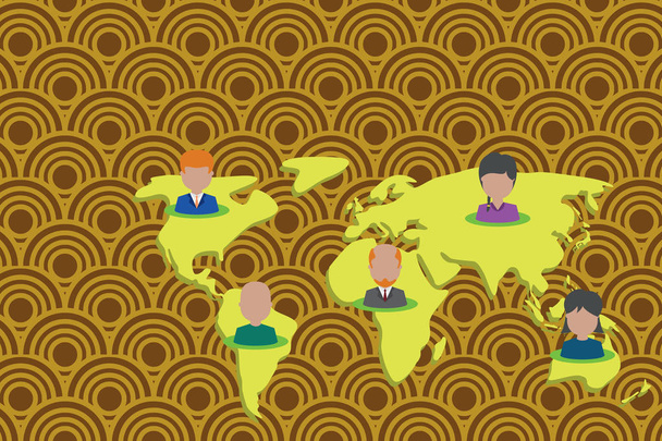 Κολάζ πολυεθνικών ανθρώπων στον παγκόσμιο χάρτη. Συλλογή πορτραίτα διαφορετικού προσώπου τοποθετήθηκαν σε πέντε ηπείρους. Διεθνής παγκόσμιος επιχειρηματικός άνθρωπος. Σύνδεσμος συνεργατών γη. - Διάνυσμα, εικόνα