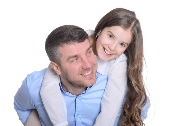 幸せな父と白い背景の上の娘  - 写真・画像