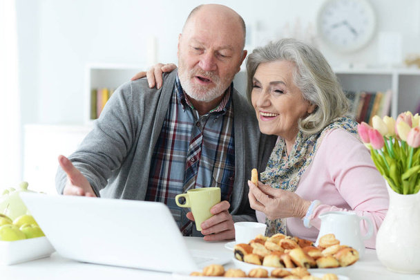 Senior couple portrait with laptop at home - Foto, imagen