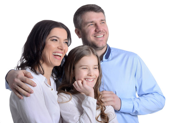 glückliche dreiköpfige Familie auf weißem Hintergrund  - Foto, Bild