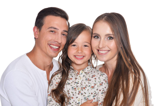Щаслива сім'я з трьох на білому
 - Фото, зображення