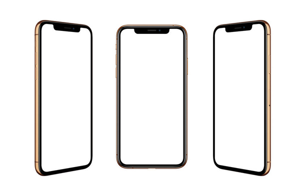 Золотий колір сучасного смартфона ізольовано в трьох положеннях. Тонкі і круглі краї з під дисплеєм камери
. - Фото, зображення