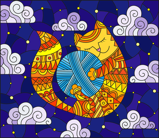 Ilustração de vidro manchado de um gato vermelho dos desenhos animados abraçando uma bola de fio no fundo do céu estrelado e nuvens
 - Vetor, Imagem
