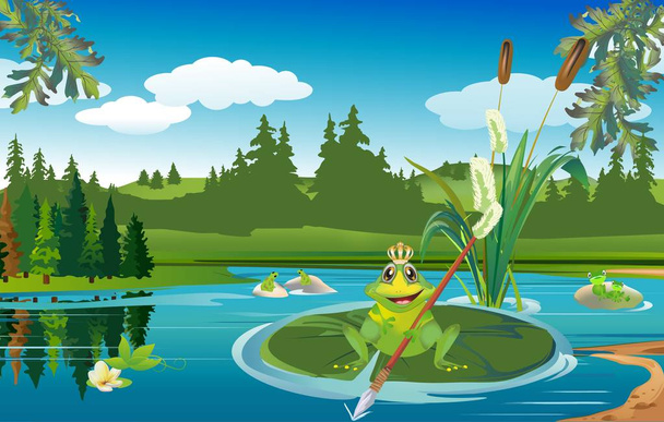  kohtaus osoittaa maisemaa järvellä ja sammakoita, jotka elävät tässä järvessä
 - Vektori, kuva
