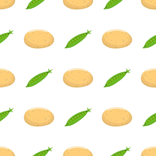 Seamless pattern with potato and green pea vegetables. Organic food. Cartoon style. Vector illustration for design, web, wrapping paper, fabric, wallpaper. - Vector, Image