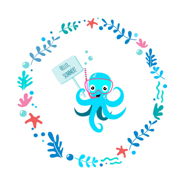 Ilustrační vektor roztomilou a zábavnou chobotnicí s maskou šnorchlování a šnorchlem v kruhu aglae na bílém pozadí. Pro děti a dětské trička, plakáty a další použití. Vektorové - Vektor, obrázek