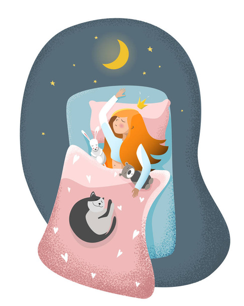 Sleeping girl with cat and toys on comfortable bed with pillow and blanket. Sleeping princess with long hairs. Good night. Sweet Dreams. - Vector, Image