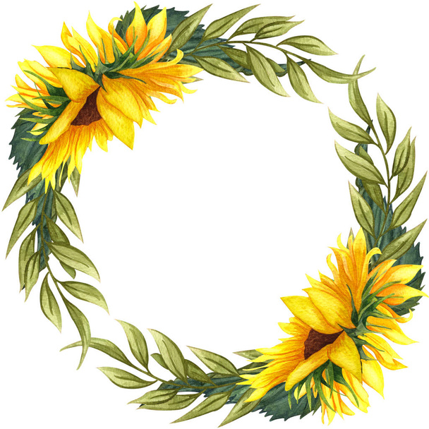 Aquarell-Blumenkranz mit Sonnenblumen, Blättern, Laub, Zweigen, Farnblättern und Platz für Ihren Text. - Foto, Bild