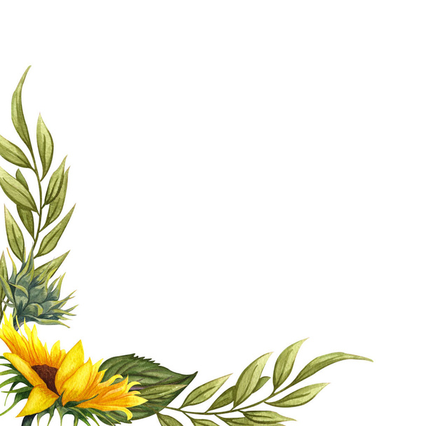 Watercolor floral wreath with sunflowers,leaves, foliage, branches, fern leaves and place for your text. - Foto, imagen