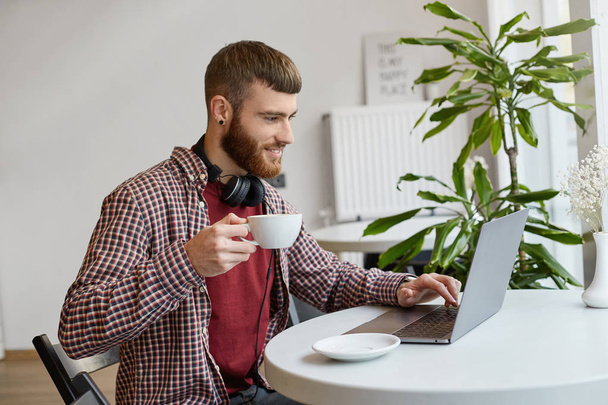 Young attractive ginger bearded man working at a laptop while si - 写真・画像