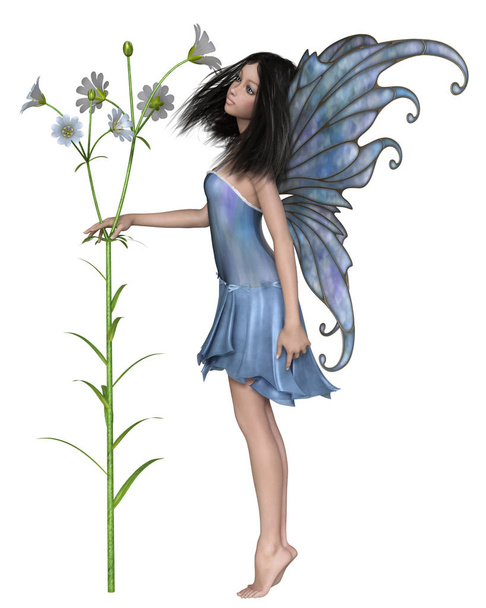 Fantasie-Illustration einer hübschen dunkelhaarigen Fee mit hellblauen Blüten, 3D digital gerenderte Illustration - Foto, Bild