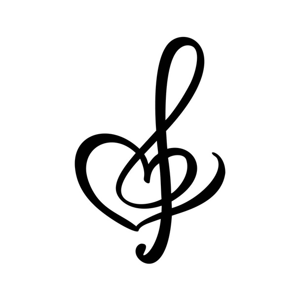Hand drawn Love Music vector Logo treble clef and heart. Isolated on the white background - Vector, Image
