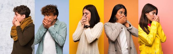 Set of people covering mouth and looking to the side - 写真・画像