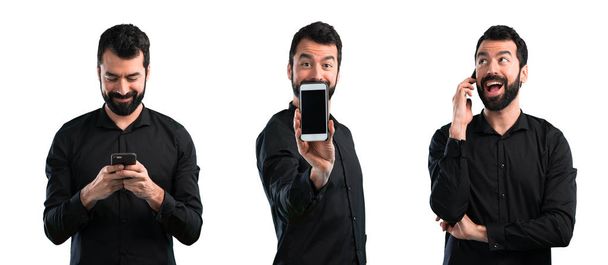 Set of Handsome man with beard talking to mobile - Photo, Image