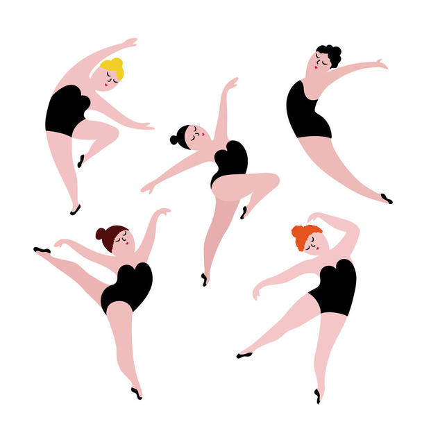 Happy plus size dancing girls set. Body positive concept vector illustration. - Vektor, kép