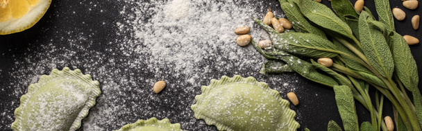 panoramic shot of green raw ravioli, pine nuts, herb and flour on black background - Photo, Image