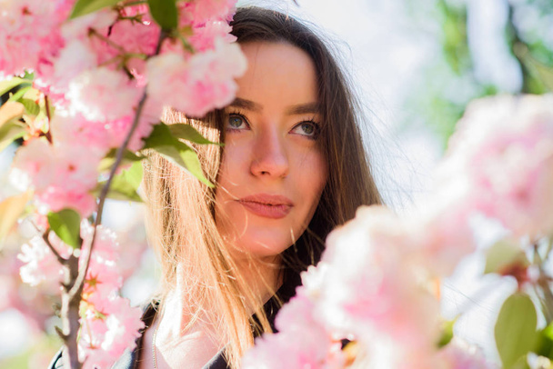 woman in spring flower bloom. girl in cherry flower. Sakura tree blooming. natural summer beauty. skincare and spa. Natural cosmetics for skin. blossom smell, allergy. Spring everywhere - Zdjęcie, obraz