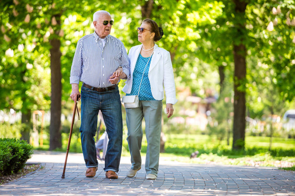 Cheerful senior couple having good time in city park, walking, laughing and enjoying sunny day - Photo, image