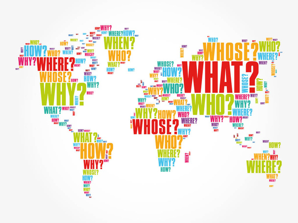 Fragewörter Weltkarte in Typografie - Vektor, Bild