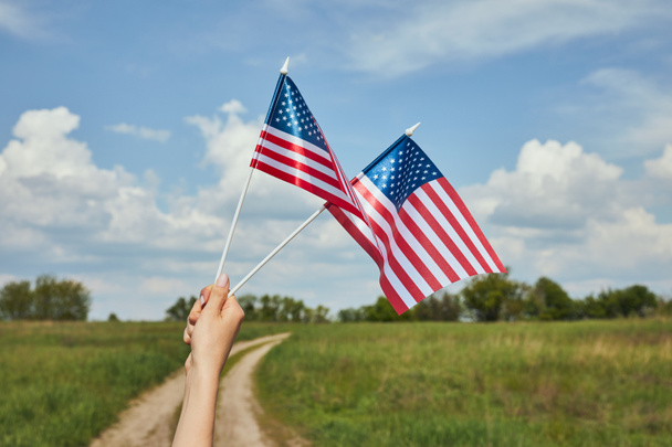 Vue recadrée d'une jeune femme tenant des drapeaux américains à la main sur fond de champ
 - Photo, image