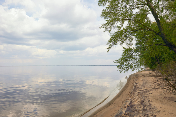Rauhallinen maisema sininen taivas ja joki puu hiekkarannalla
 - Valokuva, kuva