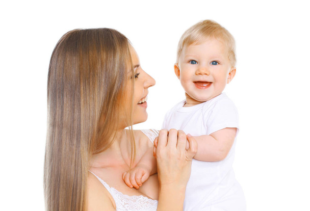 Portrait close-up happy smiling mother and baby having fun toget - Fotoğraf, Görsel