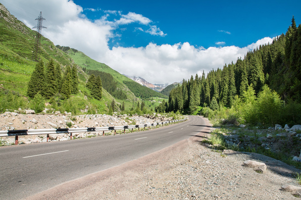Road on Big Almaty Lake, nature green mountains and blue sky in Almaty, Kazakhstan,Asia at summer - Photo, Image
