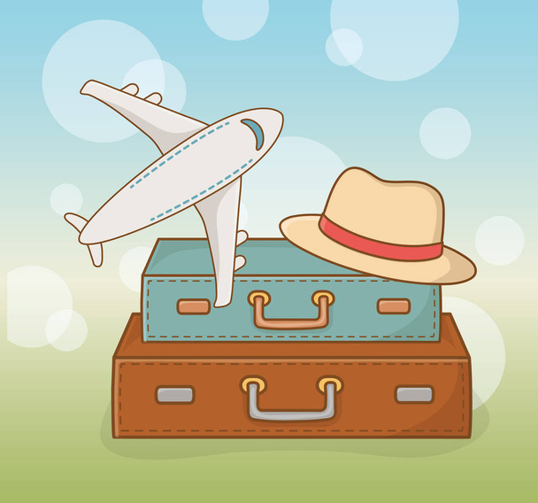 suitcases travel vacations with airplane and hat - Vektori, kuva