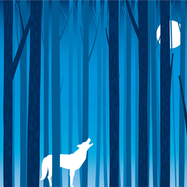 Silueta vytí vlka v nočním lese s měsícem. - Vektor, obrázek