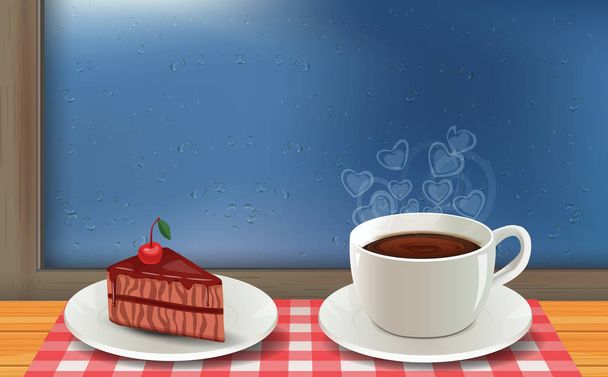  φλιτζάνι ζεστό καφέ στο ξύλινο τραπέζι στο παράθυρο την ημέρα της βροχής - Διάνυσμα, εικόνα