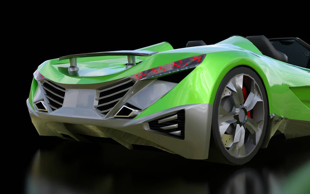 Zöld koncepcionális sport Cabriolet a vezetés körül a várost, és versenypályán egy fekete háttér. 3D-leképezés. - Fotó, kép