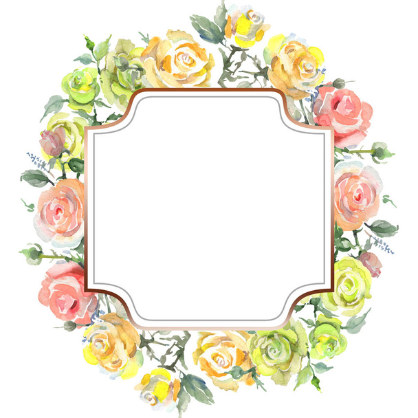 Rosenstrauß blühende botanische Blumen. Aquarell Hintergrundillustration Set. Rahmen Rand Ornament Quadrat. - Foto, Bild