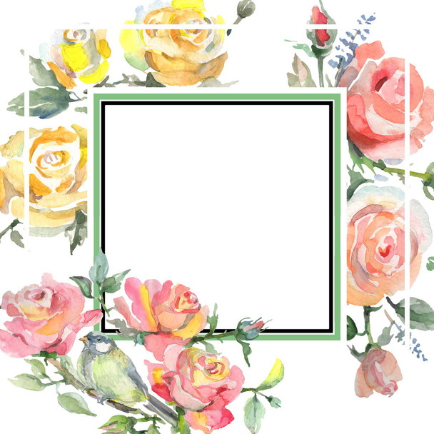 Τριαντάφυλλο ανθοδέσμη λουλουδιών βοτανικών λουλουδιών. Σύνολο εικονογράφησης φόντου. Κορνίζα περίγραμμα στολίδι τετράγωνο. - Φωτογραφία, εικόνα