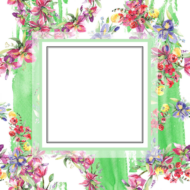 Strauß mit Iris floralen botanischen Blumen. Aquarell Hintergrundillustration Set. Rahmen Rand Ornament Quadrat. - Foto, Bild