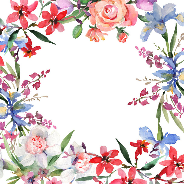 Csokor virág botanikai virágok. Akvarell háttér illusztráció készlet. Test határ Dísz tér. - Fotó, kép