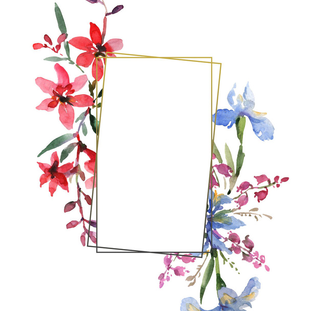 Bouquet floral botanical flowers. Watercolor background illustration set. Frame border ornament square. - Фото, изображение