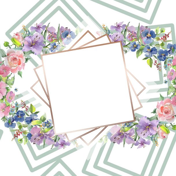 Blumenstrauß botanische Blumen. Aquarell Hintergrundillustration Set. Rahmen Rand Ornament Quadrat. - Foto, Bild