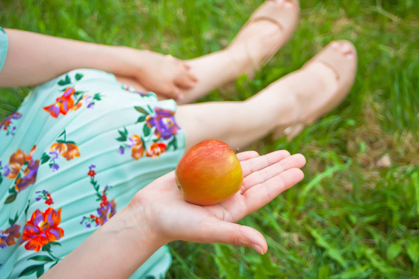 Woman on the picnic sits on the green grass and holds apple in a hand. - Foto, immagini