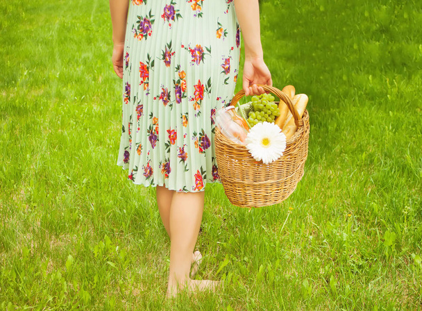 Woman on the picnic stand on the green grass and holds picnic basket in a hand. - Fotografie, Obrázek