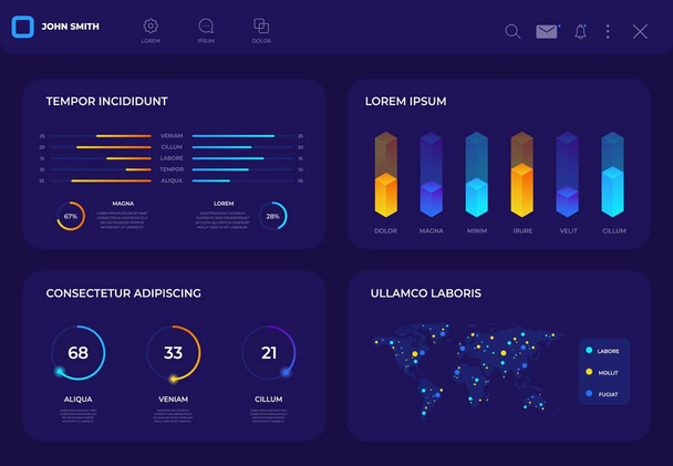 Dashboard user panel data UI infographic. Web application technology hud interface in futuristic design. Network management screen with charts, diagrams, finance graphs, pie chart and column diagrams - Vector, Image