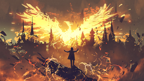 wizard summoning the phoenix from hell, digital art style, illustration painting - Photo, Image