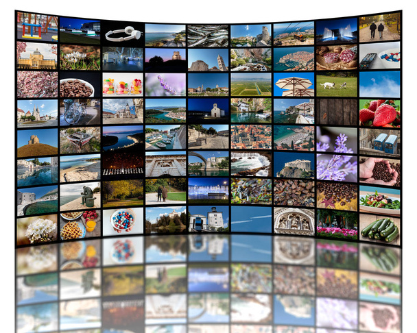 Concepto de mural de vídeo hecho de una gran cantidad de fotos diferentes que representan LCD o led TV
 - Foto, Imagen