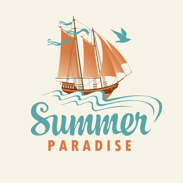 Summer tropical banner with sun and sailboat - Vettoriali, immagini